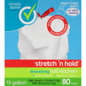 Simply Done Stretch'n Hold Drawstring 13 Gallon Clean Fresh Scent with Odor Control Tall Kitchen Garbage Bags 80 ea