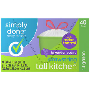Simply Done 13 Gallon Drawstring Lavender Scent Tall Kitchen Bags with Odor Control 40 ea